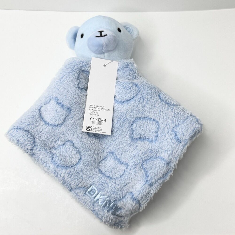 DKNY Baby Light Blue Teddy Bear Security Blanket Lovey Plush Embossed Bear Heads - Picture 2 of 5